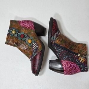 Socofy Ankle Boots Booties Womens 5 Leather Tapestry Boho Zipper Chukka Artsy